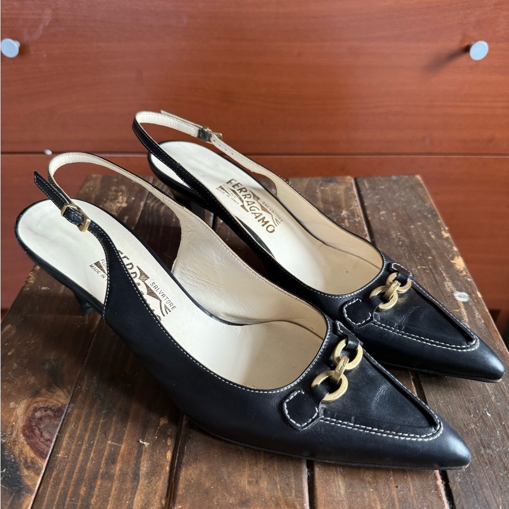 Salvatore Ferragamo Black Leather Pointed Slingbacks